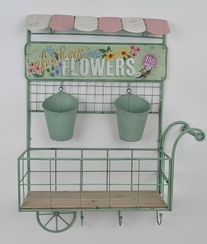 Vintage Rustic Metal Wall Plant Stand for Indoor Outdoor Decor,Garden Wall-Mounted Cart-Shaped Hanging Planter Holder with Flower Buckets & Storage Shelf Hooks for Patio Yard Farmhouse