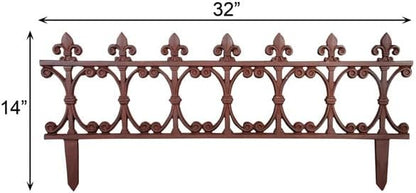 Esschert Design Finial Garden Fence, Rust Brown Cast Iron, 14" H x 32" W, Pack of 4 Decorative Fence Sections with Fleur-de-Lis Finials for Garden Edging and Walkway Borders