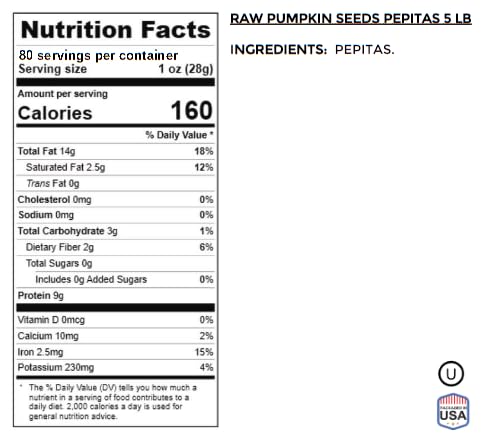 Jaybee’s Nuts Raw Pumpkin Seeds 5 LB – Unsalted Pepitas | High-Protein Healthy Snack | Kosher | Keto, Vegan, Paleo | Perfect for Salads, Baking & Smoothies