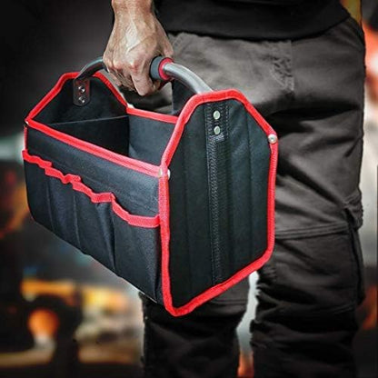HAUTMEC 13 Inch Tool Bag, Foldable Open Top Tool Tote with Stiff Frame, 8 Pockets, Water-Resistant Molded Base & Padded Handle, Portable Electrician Tool Organizer for DIY & Jobsite Use – TB0001