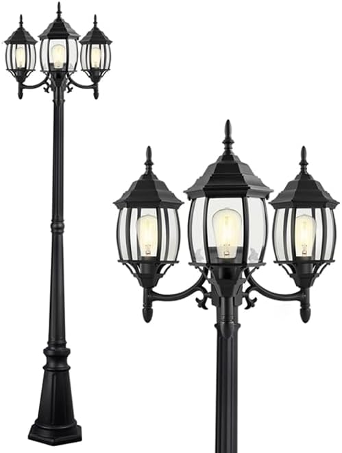 85 Inch 3-Head Lamp Posts Outdoor Lighting for Backyard Garden 3-Light Outdoor Post Lantern 85” Aluminium Alloy Outside Street Light with Clear Glass Shade,Driveway Light,E26(Bulbs Not Included)