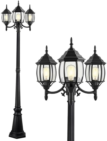 85 Inch 3-Head Lamp Posts Outdoor Lighting for Backyard Garden 3-Light Outdoor Post Lantern 85” Aluminium Alloy Outside Street Light with Clear Glass Shade,Driveway Light,E26(Bulbs Not Included)