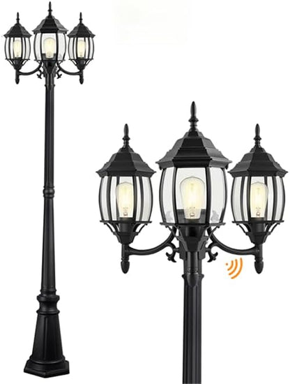 85 Inch 3-Light Lamp Post With Dusk To Dawn Sensor Three-Head Post Lantern For Garden Backyard Driveway 85in Outdoor Street Light,Aluminium Alloy,Clear Glass Shade,E26(Bulbs Not Included)
