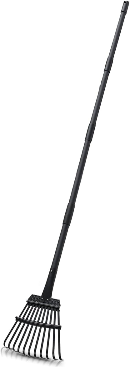 Rake for Leaves Small Metal Garden Tool with 11 Tines 63 Inch Adjustable Handle Sturdy Yard Rake for Gardening Gathering Leaves Weeds Debris, Black