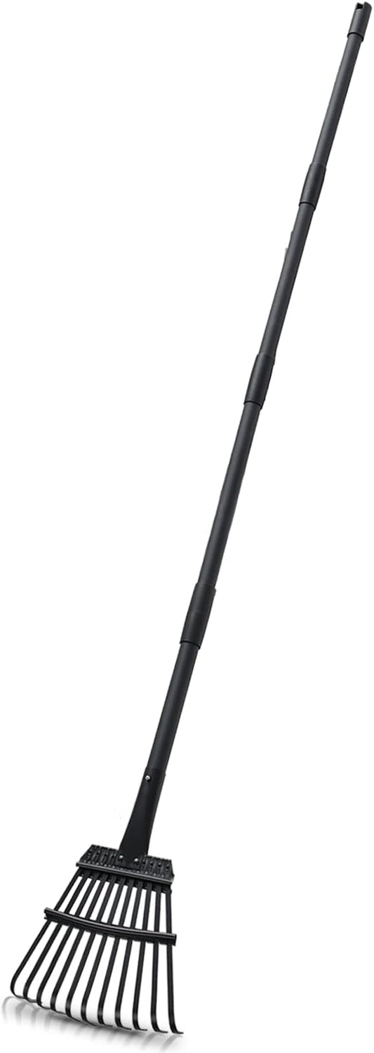 Rake for Leaves Small Metal Garden Tool with 11 Tines 63 Inch Adjustable Handle Sturdy Yard Rake for Gardening Gathering Leaves Weeds Debris, Black