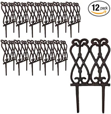 Esschert Design Fleur-de-Lis Cast Iron Garden Fence, Rust – Set of 12 Decorative Panels with No-Dig Installation, Antique Look, Durable Landscape Edging for Flower Beds, Borders, and Pathways