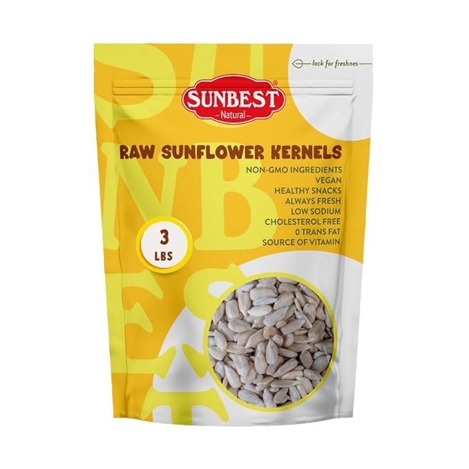 Sunbest Natural Raw Sunflower Seeds, 3 lbs – Unsalted & No Shell – Sunflower Seed Kernels to Eat – For Snacking, Baking & Topping – Road Trip, After School Snack for Kids & Adults – Kosher (48 oz)