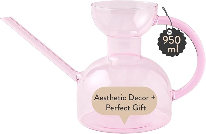 Modern Sprout Plant Watering Can - Handcrafted from Borosilicate Glass - Long Spout Vessel for Indoor Plants - 32 Oz Capacity - Multipurpose Watering Can and Flower Vase for Houseplants (Blush)