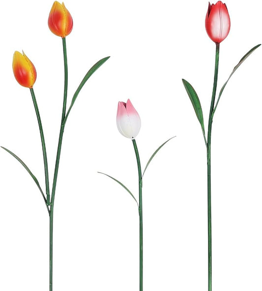 hogardeck Garden Decor for Outside, 3 Pcs 40"/32"/24" Metal Tulip Decorative Garden Stakes for Spring Decor, 3D Flowers Yard Art for Outdoor Lawn Patio Pathway Decorations