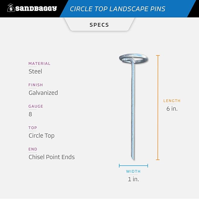 Sandbaggy 6-inch Circle Top Pins - Landscape Staples (Galvanized) - Garden Stakes for Landscaping, SOD - Heavy Duty Ground Stakes, Lawn Turf Spikes, Christmas Decorations, Weed Mats (25 Pins)