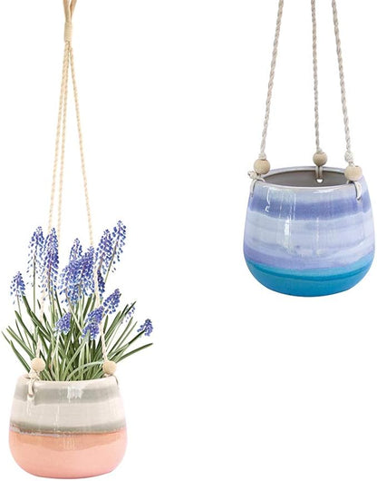 23 Bees Ceramic Hanging Planter, Pink White Succulent Pots, Round Plant Holder Container, Cactus Pot with Cotton Rope Hanger, Indoor Outdoor Decor, (1 Pack x Pink Horizon)