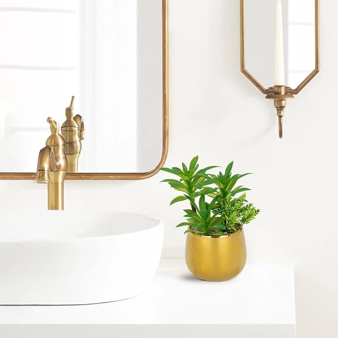 Briful Artificial Succulents Plants in Ceramic Pot, Faux Succulent with Gold Planters – Modern Desk Decor for Home Office Shelf Bathroom, Small Fake Plants Potted
