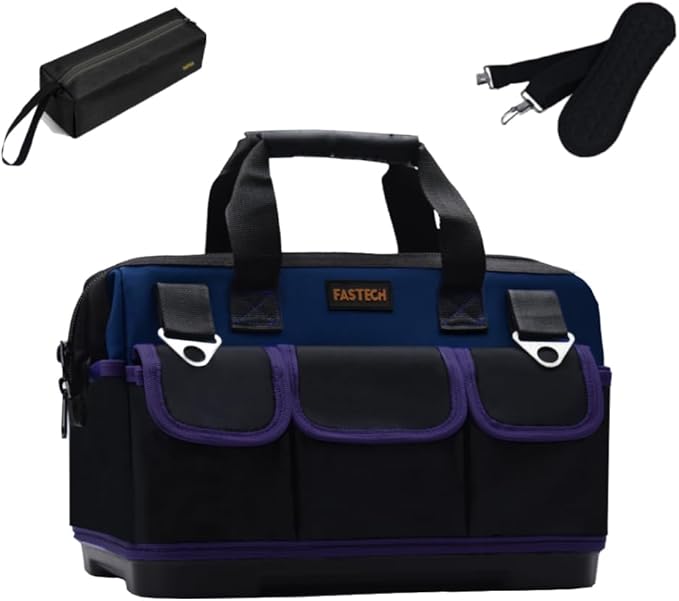 FASTECH 20in Heavy Duty Bottom Tool Bag With Wide Mouth For Tool Storage, Carrier and Organizer, Tote Bag For Men/Women, Wide Mouth Tools Bag With Inside Pockets (20 Inch)