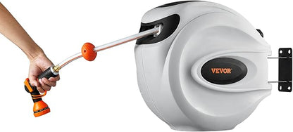 VEVOR Retractable Hose Reel, 100 ft x 1/2 inch, Garden Water Hose Reel with 9-Pattern Nozzle, 180° Swivel Bracket Wall-Mounted, Automatic Rewind, Lock at Any Length, with Slow Return System