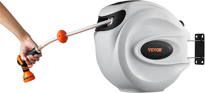 VEVOR Retractable Hose Reel, 84 ft x 5/8 inch, Garden Water Hose Reel with 9-Pattern Nozzle, 180° Swivel Bracket Wall-Mounted, Automatic Rewind, Lock at Any Length, with Slow Return System