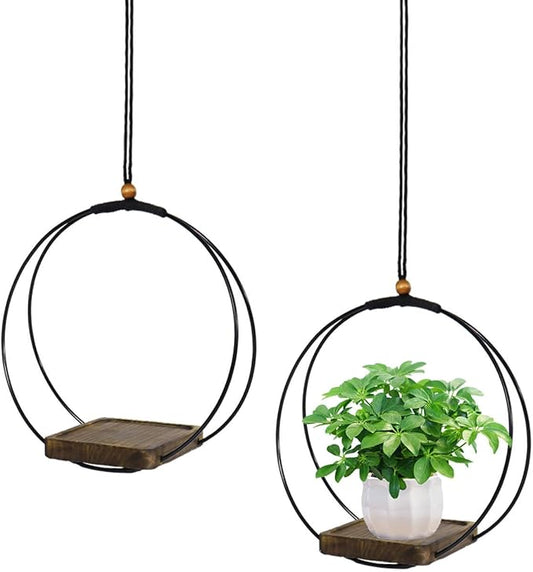 vensovo Hanging Planter for Indoor Plants - 2 Pack Plant Hanger Indoor with Metal Ring and Sturdy Wood Base, Boho Hanging Planter for Wall/Window/Room Decor