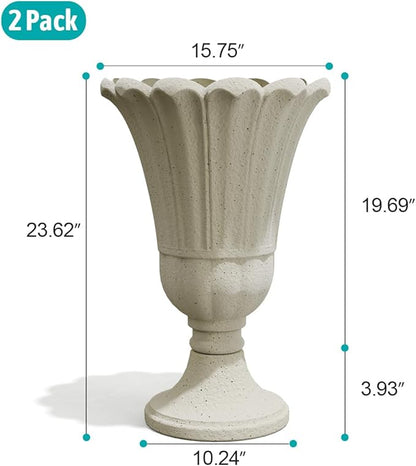 Tall Plastic Urn Planters for Outdoor Plants Set of 2-23.6" H Classic Petal Design Indoor Large Flower Pots with Drainage Holes, Outdoor Planters for Porch Decor/Garden Vase, Beige/Off White