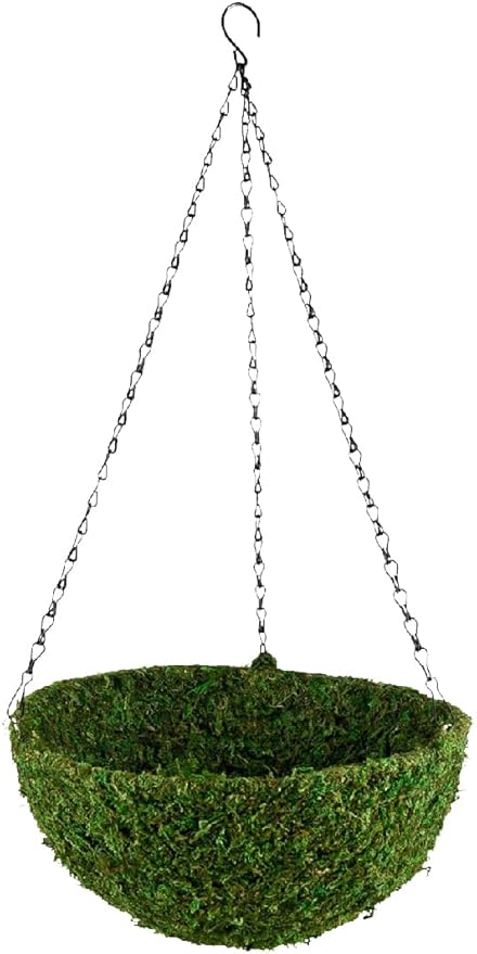 Serene Spaces Living Preserved Green Moss Hanging Basket, Decorative Planter with Metal Chain for Floral Arrangements, Garden Weddings, and Event Décor, 12.5" Diameter & 5" Tall