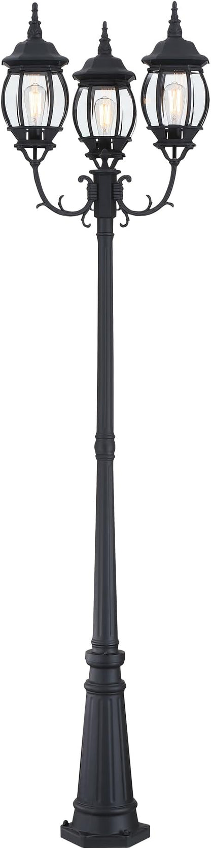 94 Inch 3-Light Post Lantern For Patio Lawn Pathway Triple-Head Post Light For Front Yard Outdoor Street Light 94” Exterior Pole Lights,Aluminium Alloy,Clear Glass Shade,E26(Bulbs Not Included)