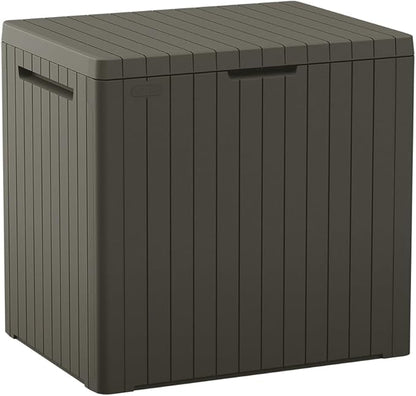 Keter City 30 Gallon Resin Outdoor Storage Box and Patio Furniture Side Table for Pool and Garden Accessories, Taupe