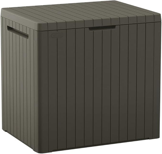 Keter City 30 Gallon Resin Outdoor Storage Box and Patio Furniture Side Table for Pool and Garden Accessories, Taupe