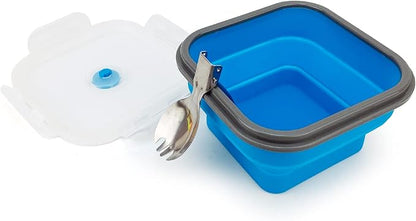 CARTINTS 900ml Collapsible Bowl With Plastic Lid for Camping, Silicone Lunch Container Set Includes Foldable Spoon, Space-Saving Travel Food Container, Microwave Freezer Safe, Blue