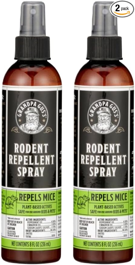 Grandpa Gus's Mouse Repellent Spray, Peppermint & Cinnamon Oil Formula, Repels Mice & Rats from Nesting, Chewing in Homes/RV, Boat/Car, Storage & Wiring, 8 fl oz (2 Bottles)