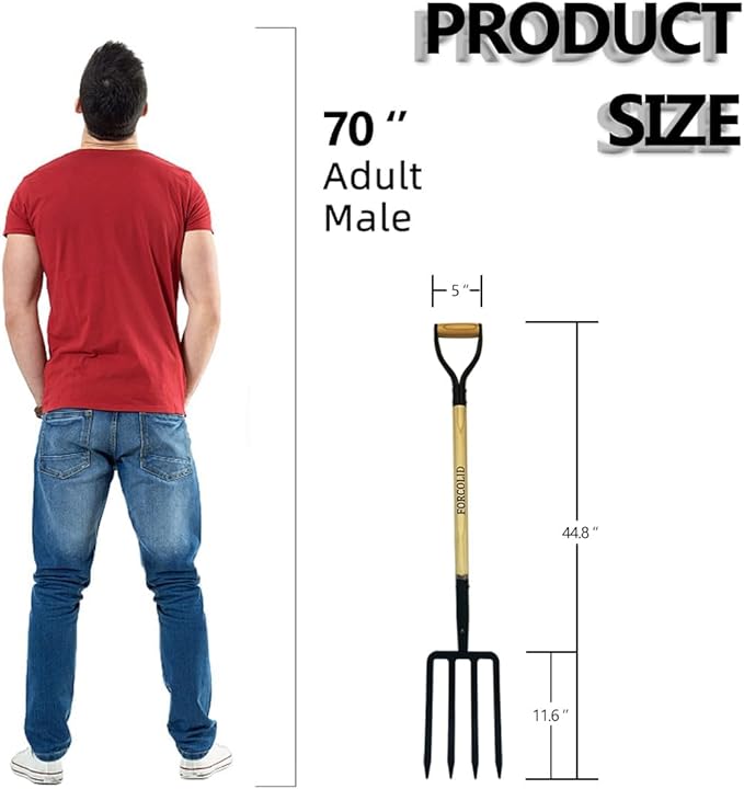 Garden Fork, 4-Tine Spading Digging Fork, Pitch Fork-45Inch, Forged Steel Y-Grip, Wood Handel-Red