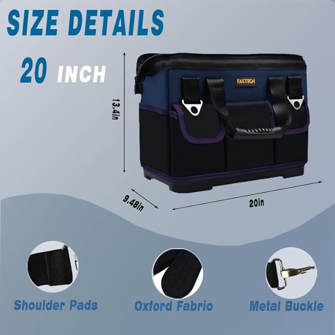 FASTECH 20in Heavy Duty Bottom Tool Bag With Wide Mouth For Tool Storage, Carrier and Organizer, Tote Bag For Men/Women, Wide Mouth Tools Bag With Inside Pockets (20 Inch)