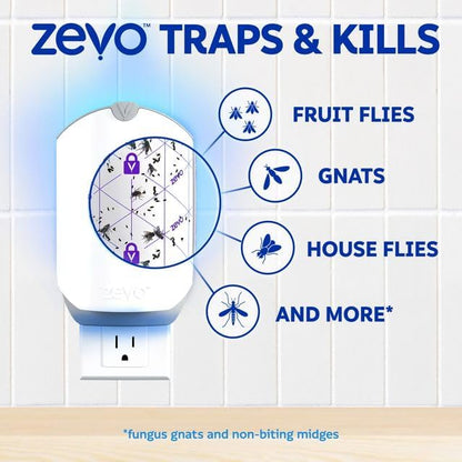 Zevo Flying Insect Trap & Cartridge - Plug in Fly Trap & Indoor Bug Catcher for Gnats, House & Fruit Flies - Mess-Free - Use in Any Room - Uses Blue & UV Light (1 Plug in Device & 1 Cartridge)