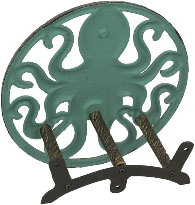 Zeckos Verdigris Octopus Garden Hose Hanger - Cast Iron Decorative Wall-Mounted Holder - 12-Inch Diameter - Stylish Outdoor Decor for 125 ft Capacity