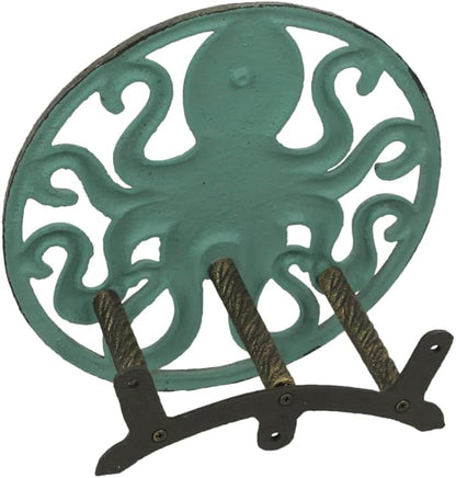 Zeckos Verdigris Octopus Garden Hose Hanger - Cast Iron Decorative Wall-Mounted Holder - 12-Inch Diameter - Stylish Outdoor Decor for 125 ft Capacity