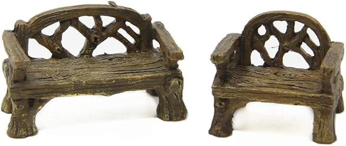 Fiddlehead Fairy Village - Micro Cany Resin Mini Bench & Chair Set Fairy Garden Decor Accessory Fish Tank Decoration