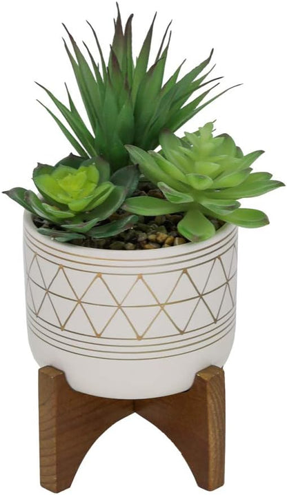 Flora Bunda 5" White Gold Ceramic Geometric W/Wood Stand Planter Pot Mid Century, 5x5x6, for Houseplants, Succulents, Snake Plants – Plants not Included