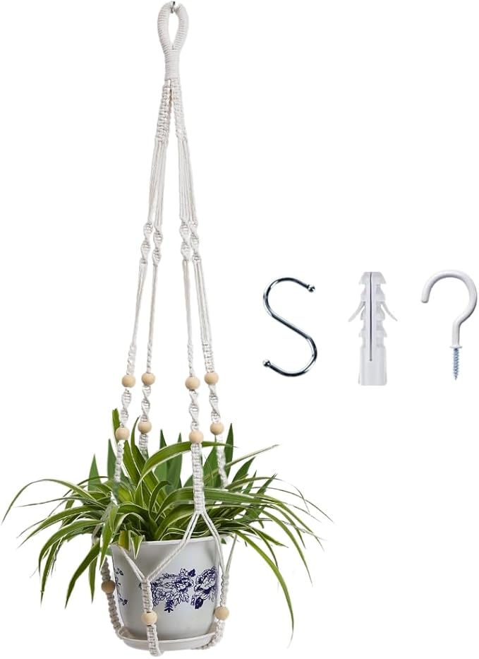 Macrame Plant Hanger, Hanging Planters for Indoor Plants Holder with Wood Beads, Hanging Plant Holder for Indoor Outdoor, Gifts for Plant Lovers, Boho Home Decor Plant Hanger, Ivory