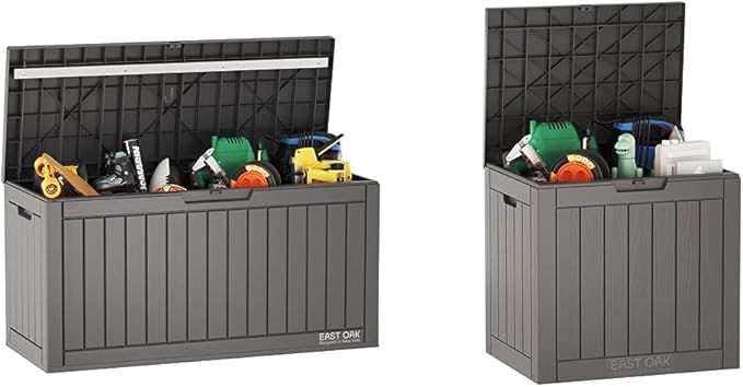 EAST OAK 60 Gallon and 31 Gallon Deck Boxes, Outdoor Storage Boxes with Padlock for Patio Furniture, Cushions, Gardening Tools, Pool Supplies | Waterproof and UV Resistant | Grey