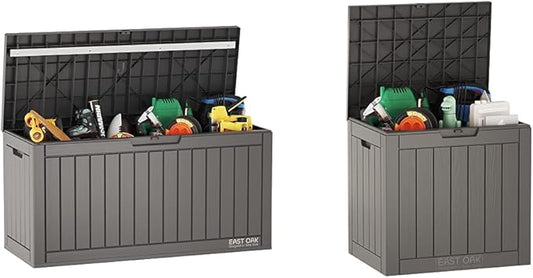 EAST OAK 60 Gallon and 31 Gallon Deck Boxes, Outdoor Storage Boxes with Padlock for Patio Furniture, Cushions, Gardening Tools, Pool Supplies | Waterproof and UV Resistant | Grey