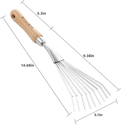 Berry&Bird Gardening Hand Shrub Rake, 14.7" Stainless Steel Grass Rake, 9 Tines Fan Lawn Leaf with Ergonomic Wooden Handle, Small Hand Rake for Sweep Leaves & Loose Debris in Garden, Lawns and Yards