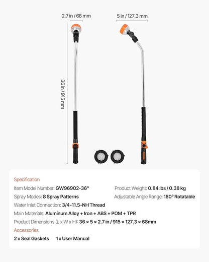 VEVOR Watering Wand, 36-Inch Extra Long Heavy Duty Garden Hose Wand with 8 Spray Patterns & 180° Swivel Head, Long Hose Nozzle Sprayer with on/off Thumb Control, Ideal for Hanging Baskets