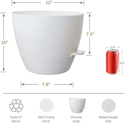 12inch Self Watering Pots, Plastic Planters with Mesh Drainage Holes and Deep Reservoir for Indoor Outdoor Garden Plants and Flowers, White