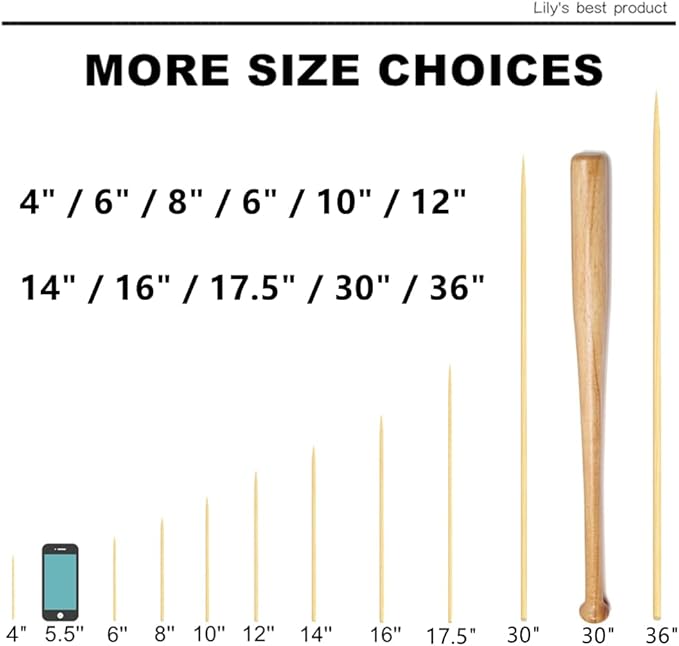 HOPELF 6" Natural Bamboo Skewers for BBQ，Appetiser，Fruit，Cocktail，Kabob，Chocolate Fountain，Grilling，Barbecue，Kitchen，Crafting and Party. Φ=4mm, More Size Choices 8"/10"/12"/14"/16"/30"(100 PCS)