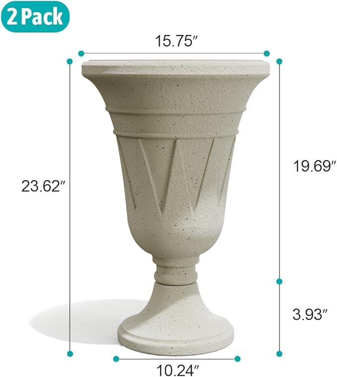 Tall Plastic Urn Planters for Outdoor Plants Set of 2-23.6" H Classic Trophy Design Indoor Large Flower Pots with Drainage Holes, Outdoor Planters for Porch Decor/Garden Vase, Off-White