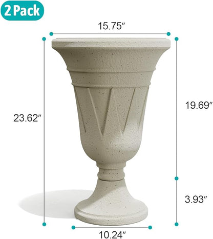 Tall Plastic Urn Planters for Outdoor Plants Set of 2-23.6" H Classic Trophy Design Indoor Large Flower Pots with Drainage Holes, Outdoor Planters for Porch Decor/Garden Vase, Off-White