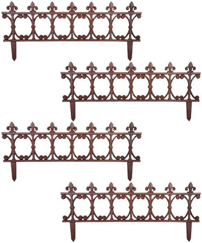 Esschert Design Finial Garden Fence, Rust Brown Cast Iron, 14" H x 32" W, Pack of 4 Decorative Fence Sections with Fleur-de-Lis Finials for Garden Edging and Walkway Borders