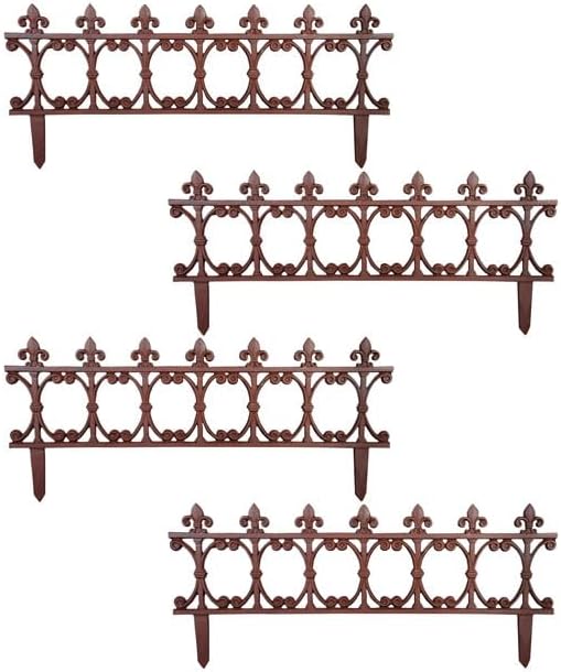 Esschert Design Finial Garden Fence, Rust Brown Cast Iron, 14" H x 32" W, Pack of 4 Decorative Fence Sections with Fleur-de-Lis Finials for Garden Edging and Walkway Borders