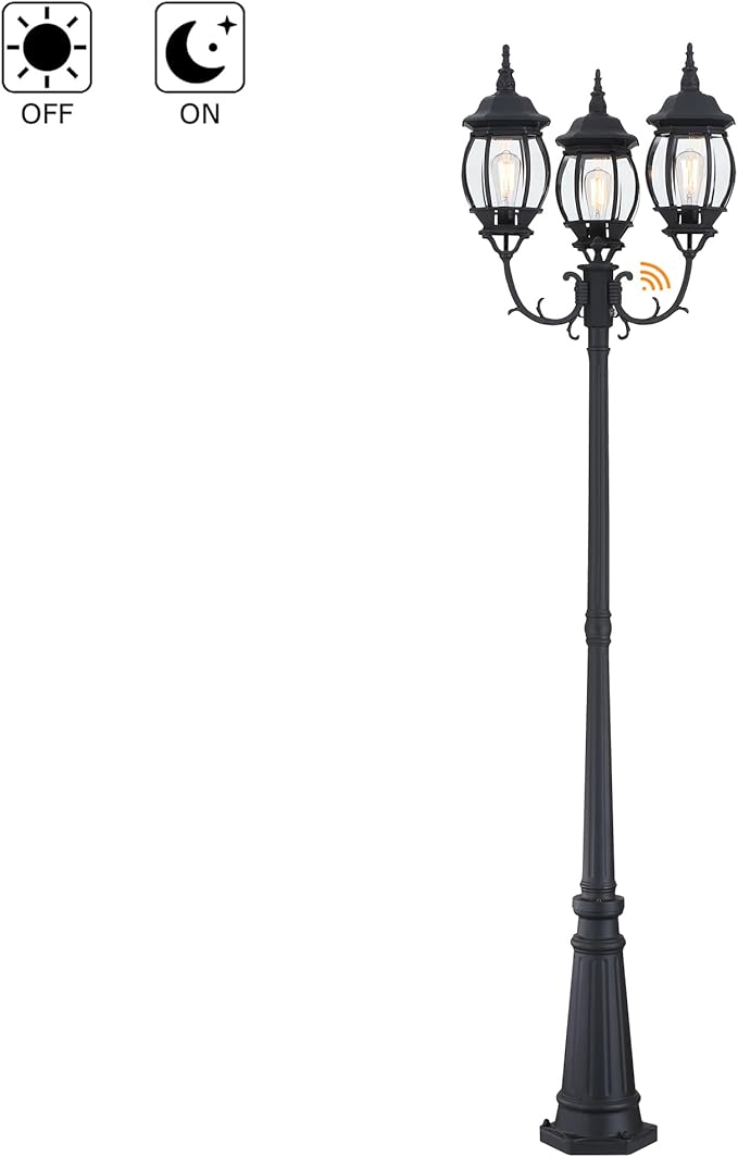 94 Inch Dusk To Dawn 3-Light Lamp Post For Backyard Garden Driveway Outdoor Street Light 94” Three-Head Post Light With Dusk To Dawn Sensor Outside Pole Lights,Aluminium Alloy,Clear Glass Shade,E26