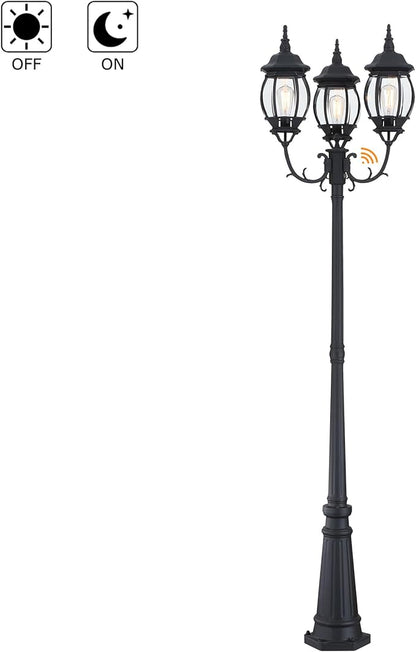 94 Inch Dusk To Dawn 3-Light Lamp Post For Backyard Garden Driveway Outdoor Street Light 94” Three-Head Post Light With Dusk To Dawn Sensor Outside Pole Lights,Aluminium Alloy,Clear Glass Shade,E26