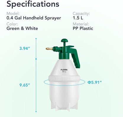 Flora Handheld Garden Pump Sprayer, 0.4 Gallon (50 oz/1.5L) Pressure Water Bottle with Adjustable Brass Nozzle, for Plants, Lawn, and Cleaning (Green) or (Red)