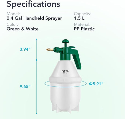 Flora Handheld Garden Pump Sprayer, 0.4 Gallon (50 oz/1.5L) Pressure Water Bottle with Adjustable Brass Nozzle, for Plants, Lawn, and Cleaning (Green) or (Red)