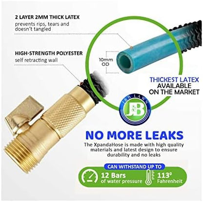 J&B XpandaHose 50ft Expandable Garden Hose – Ultra-Strong 3750D, 4-Layer Latex Core, Brass 3/4" Connectors, 10-Pattern Nozzle & Storage Bag – Lightweight, Kink-Reducing, Leak-Resistant